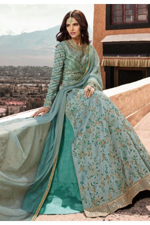 Sea green silk embroidered long choli lehenga 5404