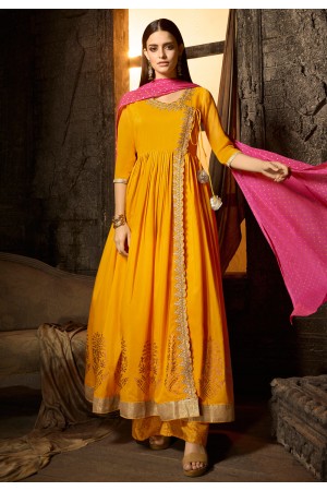 Yellow muslin embroidered kameez with palazzo 7504