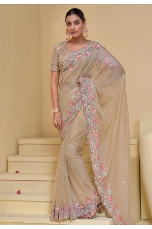 Beige banarasi tuscany embroidered wedding saree with blouse 7510