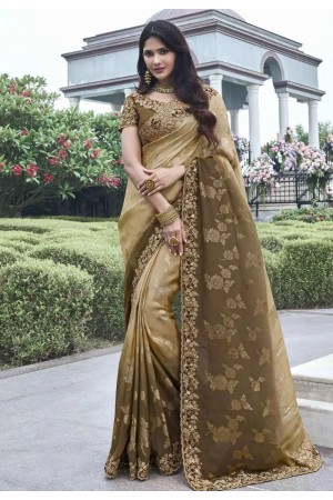 Shaded beige tissue silk embroidered wedding saree with blouse 8407