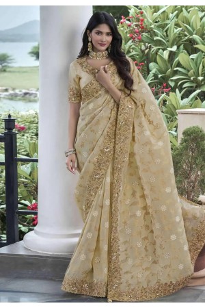 Beige tissue silk embroidered wedding saree with blouse 8402
