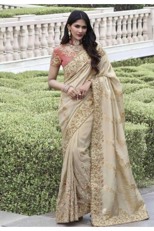 Beige tissue silk embroidered wedding saree with blouse 8411