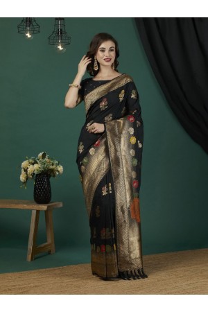 Black Pure dola banarasi silk zari woven wedding saree with blouse