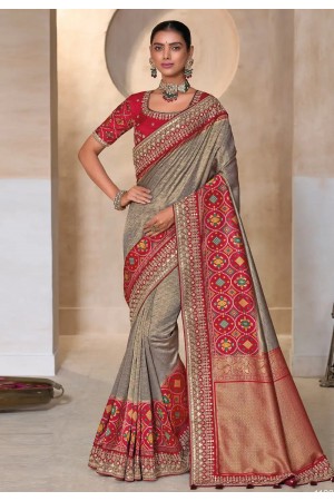 Grey and red kanjivaram silk embroidered patola wedding saree with blouse 11004D