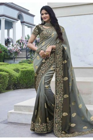 Green shaded tissue silk embroidered wedding saree with blouse 8409