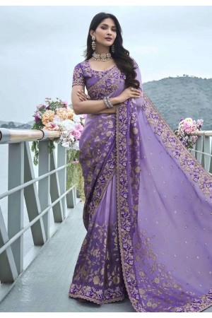 Lavender tissue silk embroidered wedding saree with blouse 8412