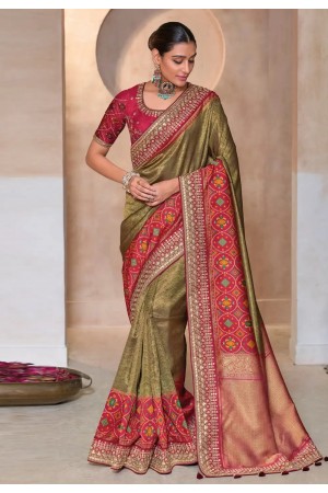Olive green and red kanjivaram silk embroidered patola wedding saree with blouse 11004B