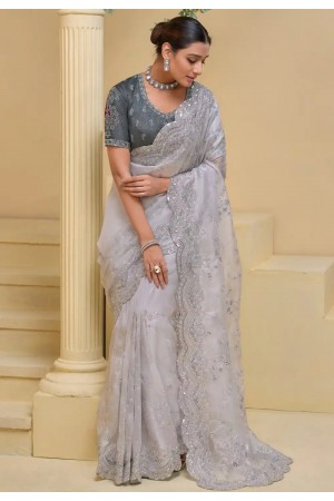 Grey organza embroidered wedding saree with blouse 7512