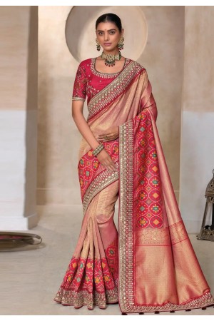 Peach and red kanjivaram silk embroidered patola wedding saree with blouse 11004C