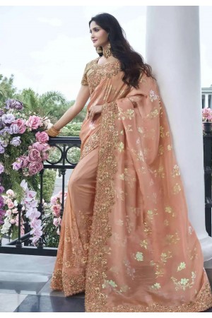 Peach tissue silk embroidered wedding saree with blouse 8401