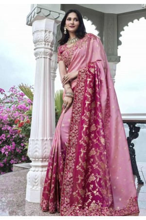 Pink tissue silk embroidered wedding saree with blouse 8403