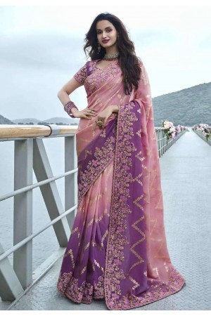 Pink shaded tissue silk embroidered wedding saree with blouse 8408