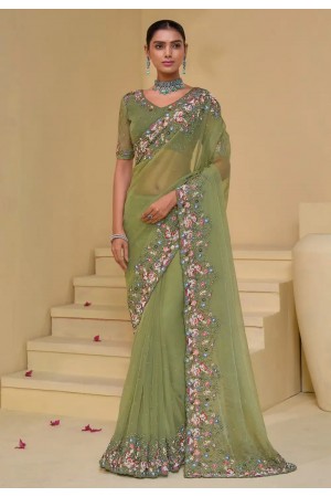 Pista green banarasi tuscany  embroidered wedding saree with blouse 7507