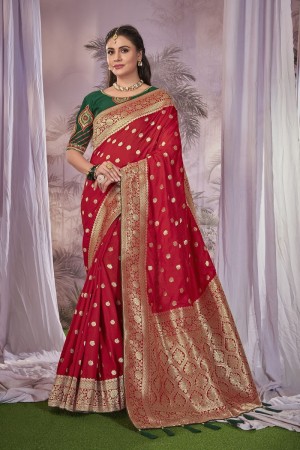 Red and green Pure banarasi silk zari woven wedding saree with blouse