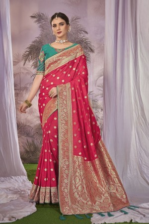 Red and Rama green Pure banarasi silk zari woven wedding saree with blouse