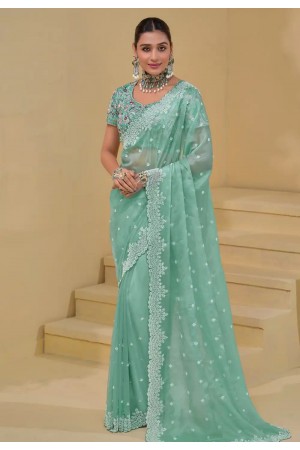 Sea green banarasi tuscany embroidered wedding saree with blouse 7501