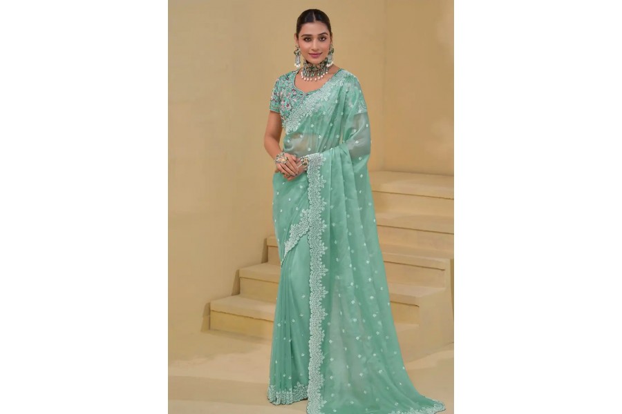 Women Party Wear Designer Sea Green Colour Banarasi Silk Saree Collection