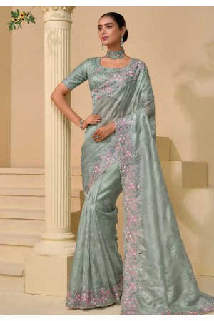 Sea green banarasi tuscany embroidered wedding saree with blouse 7503