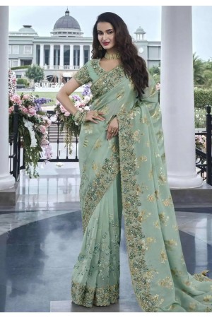 Mint green tissue silk embroidered wedding saree with blouse 8406