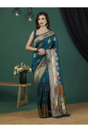 Teal Pure dola banarasi silk zari woven wedding saree with blouse