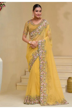Yellow banarasi tuscany embroidered wedding saree with blouse 7502