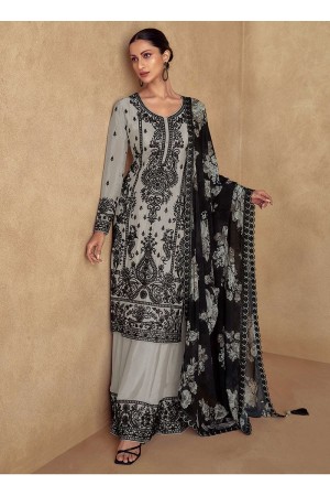 Chinnon silk embroidered Pakistani style palazzo suit in Grey colour 10069