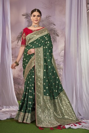 Dark green and red Pure banarasi silk zari woven wedding saree with blouse