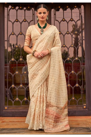 Cream tissue silk digital print wedding saree with blouse 314