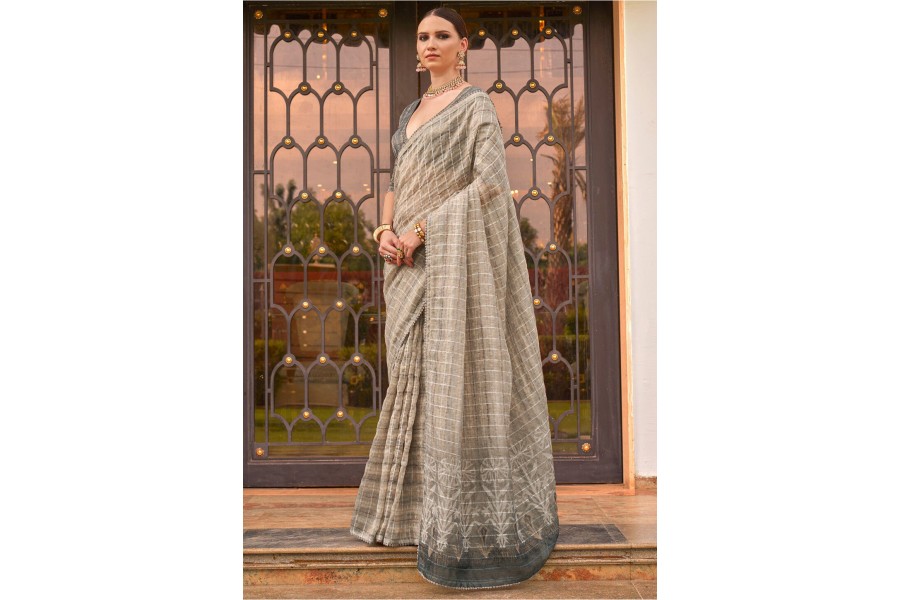 Women Gray Munga Silk Digital Print Saree With Unstitched Blouse