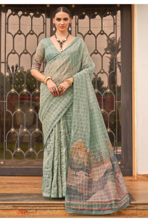 Sea green tissue silk digital print wedding saree with blouse 312