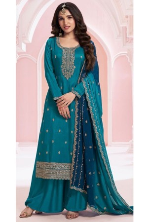 Vichitra silk embroidered palazzo suit in Peacock blue colour 69454