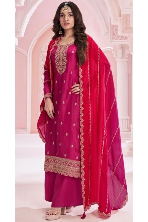 Vichitra silk embroidered palazzo suit in Rani pink colour 69451