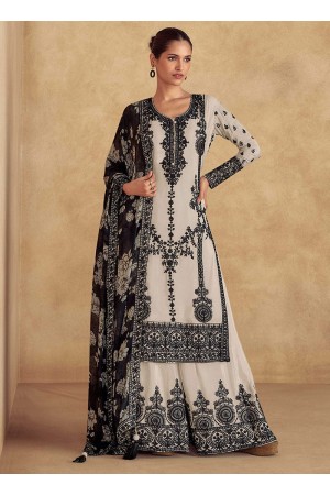 Chinnon silk embroidered Pakistani style palazzo suit in Off white colour 10071