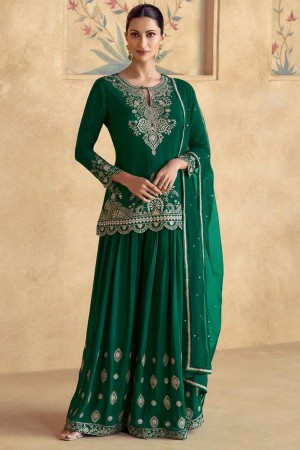 Chinnon silk embroidered wedding wear palazzo suit in Green colour 10092