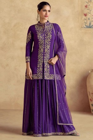 Chinnon silk embroidered wedding wear palazzo suit in Purple colour 10094