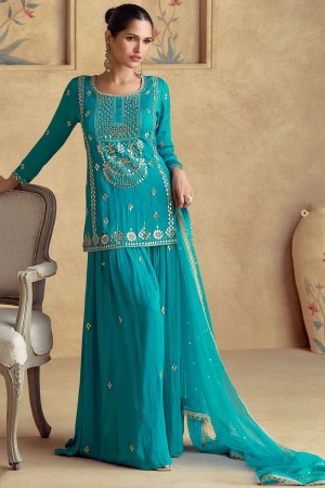 Chinnon silk embroidered wedding wear palazzo suit in Blue colour 10093