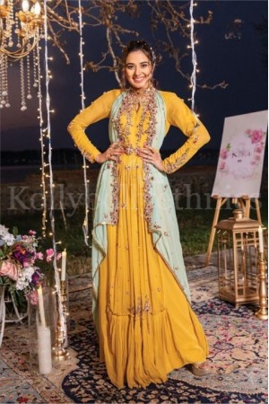 Yellow Indo western Gharara crop top bridesmaid dress