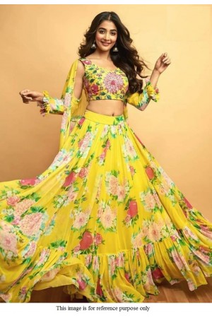 Bollywood Pooja Hegde yellow georgette frill lehenga