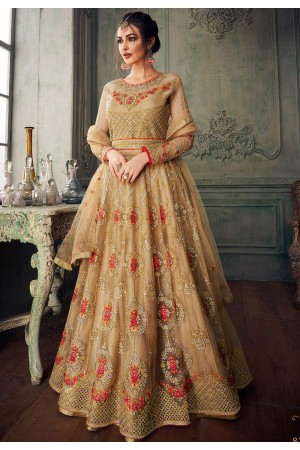 beige heavy net embroidered lehenga style anarkali suit 8216