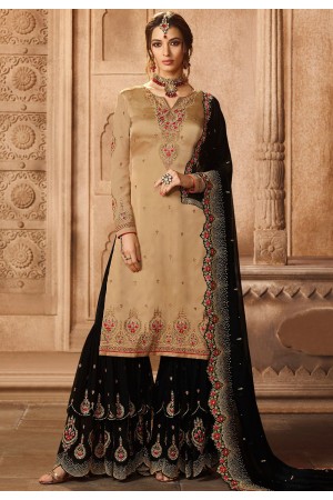 beige satin georgette embroidered sharara style pakistani suit 46068
