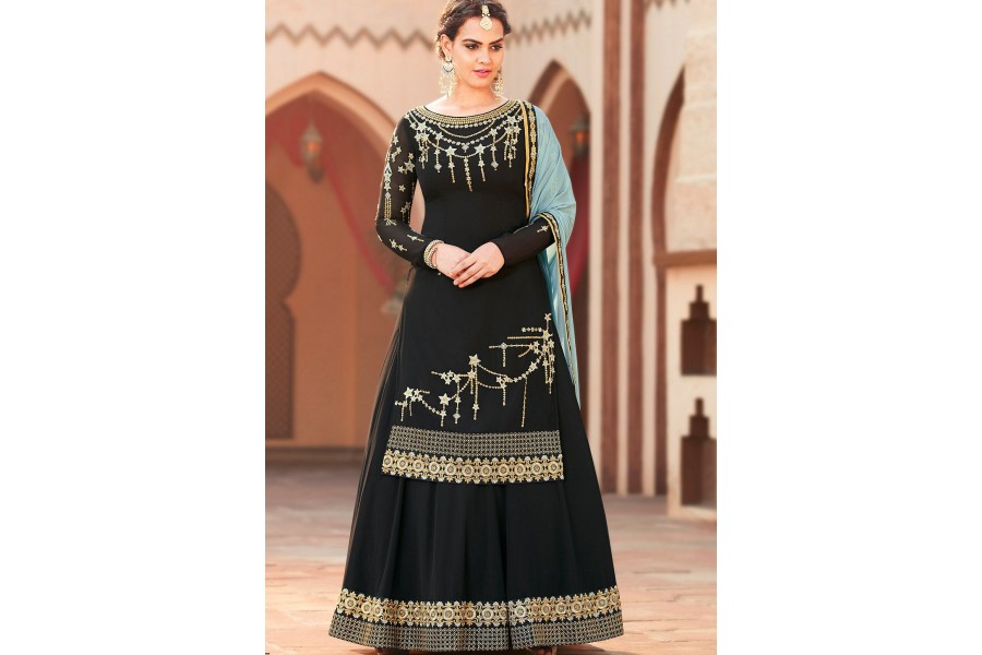 Black Traditional Readymade Pakistani Palazzo Suit With Embroidery Sequins Work main image 1