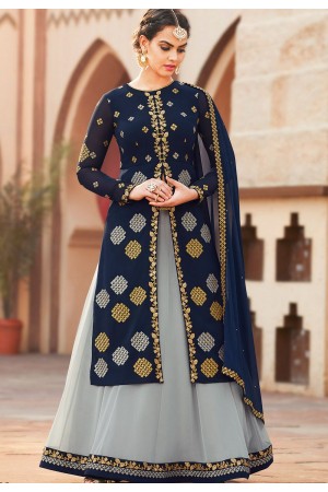 blue grey georgette embroidered lehenga style suit 4003