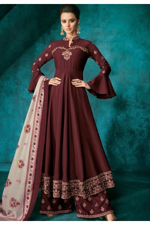 brown muslin long embroidered palazzo style suit 721