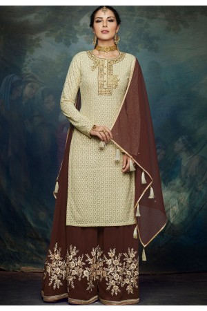 coffee brown georgette embroidered palazzo style pakistani suit 1046