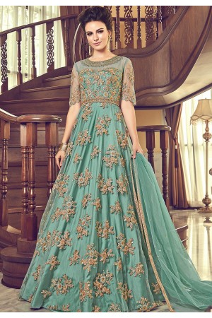 cyan butterfly net embroidered floor length anarkali suit 6004