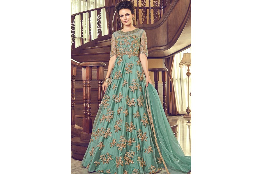Butterfly Net Yellow Suit Suit Anarkali Bottom