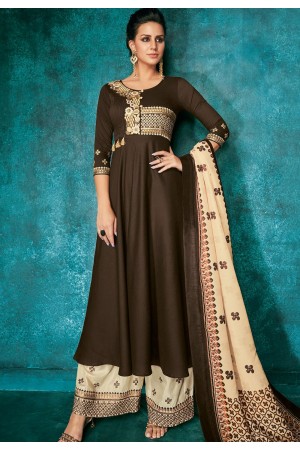 dark brown muslin long embroidered palazzo style suit 724