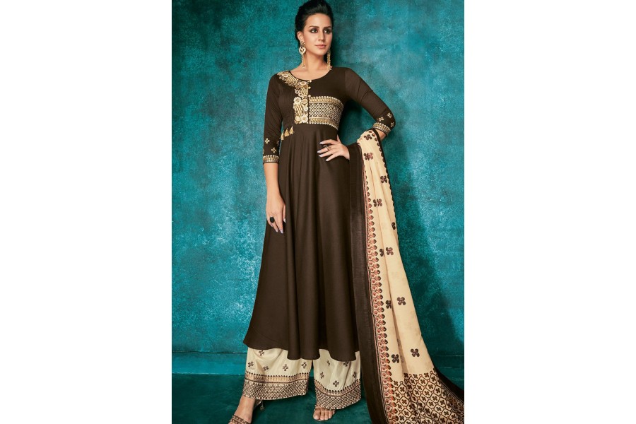 Dazzling Dark Brown Muslin Short Kurti Dress main image 0