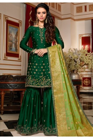 dark green designer satin georgette embroidered sharara style pakistani suit 4512