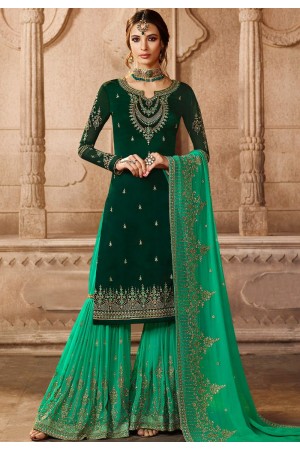 dark green satin georgette embroidered sharara style pakistani suit 46071